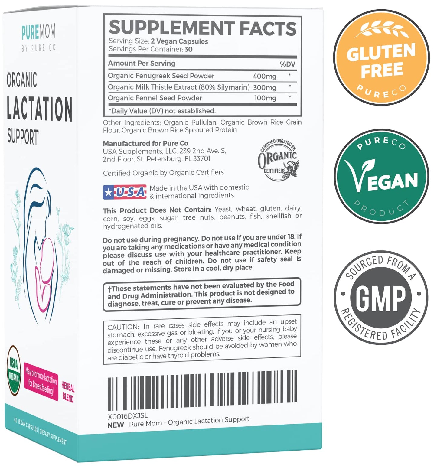PURE CO USDA Organic Lactation Supplement, 60 Capsules