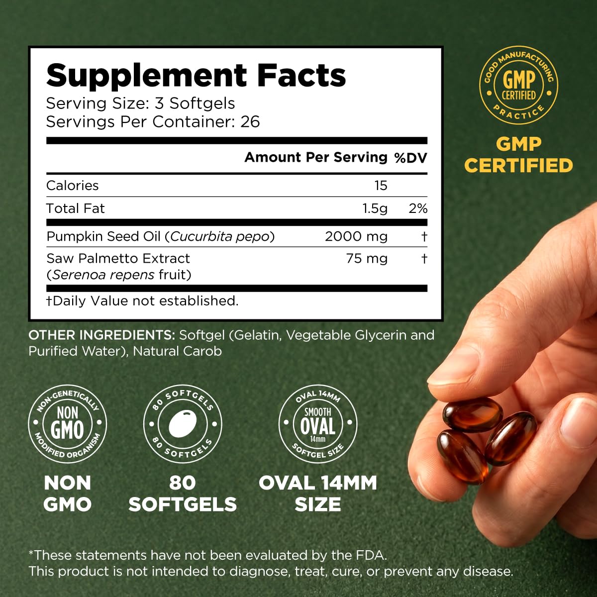 Gya Labs Pure Cold Pressed Pumpkin Seed Oil Capsules 2000 mg, 80 Count