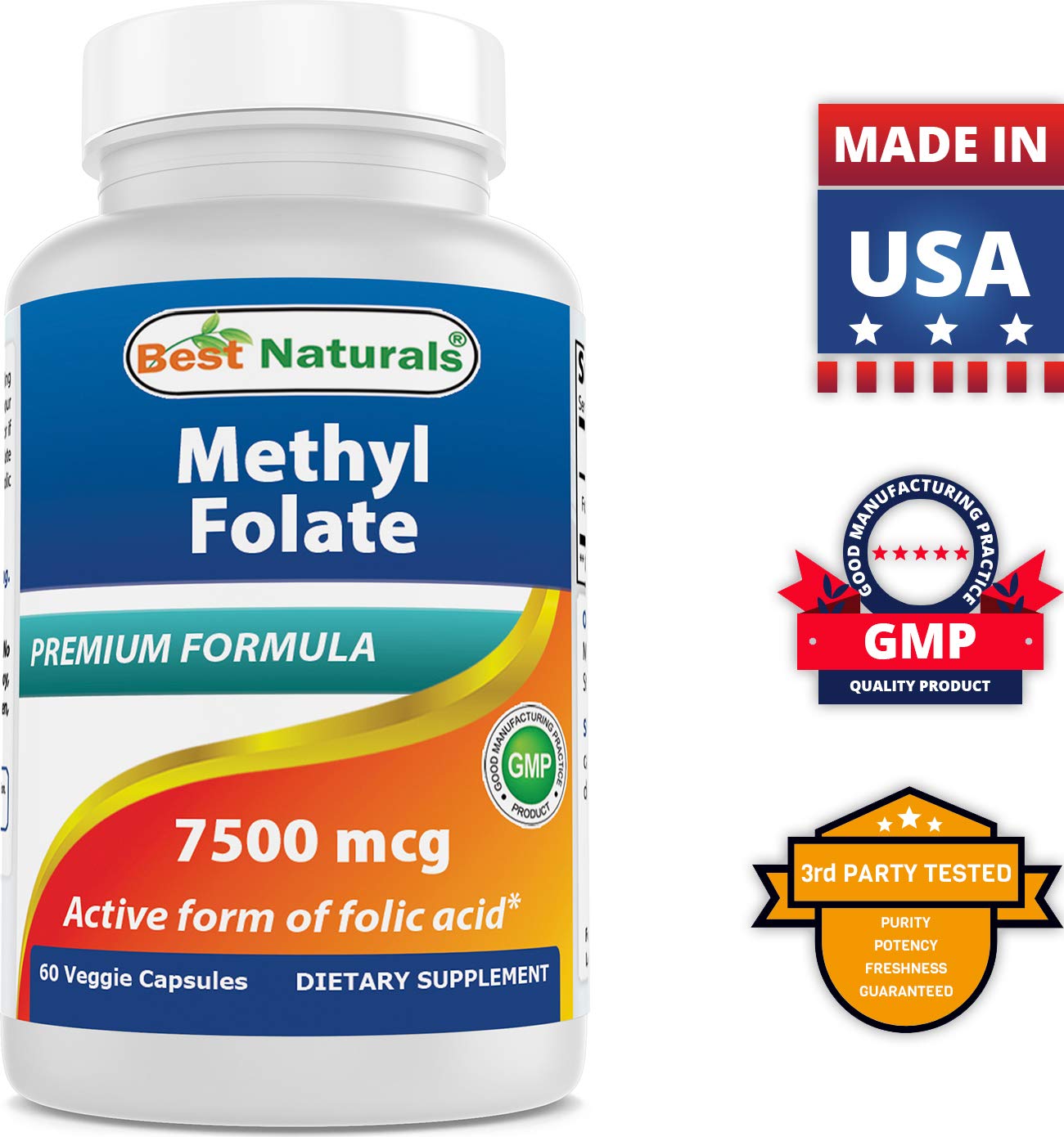 Best Naturals Methyl Folate 7500 mcg (7.5 mg) Veggie Capsule, 60 Count