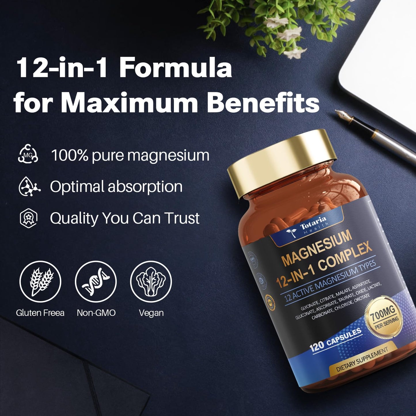 Totaria Magnesium Complex 700mg 12 in 1 Magnesium Supplement with Glycinate, Citrate, Malate, Oxide, Taurate, Aspartate, Orotate Magnesium Relaxation, Muscle, Heart Support, Vegan 120 Capsules
