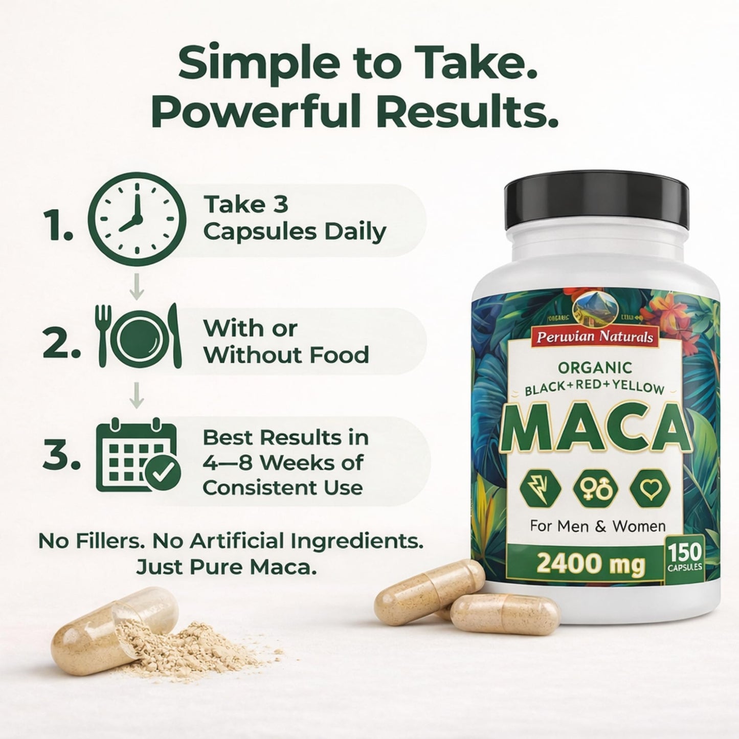 Peruvian Naturals Organic Maca Root Capsules 2400mg per Serving, 150 Capsules
