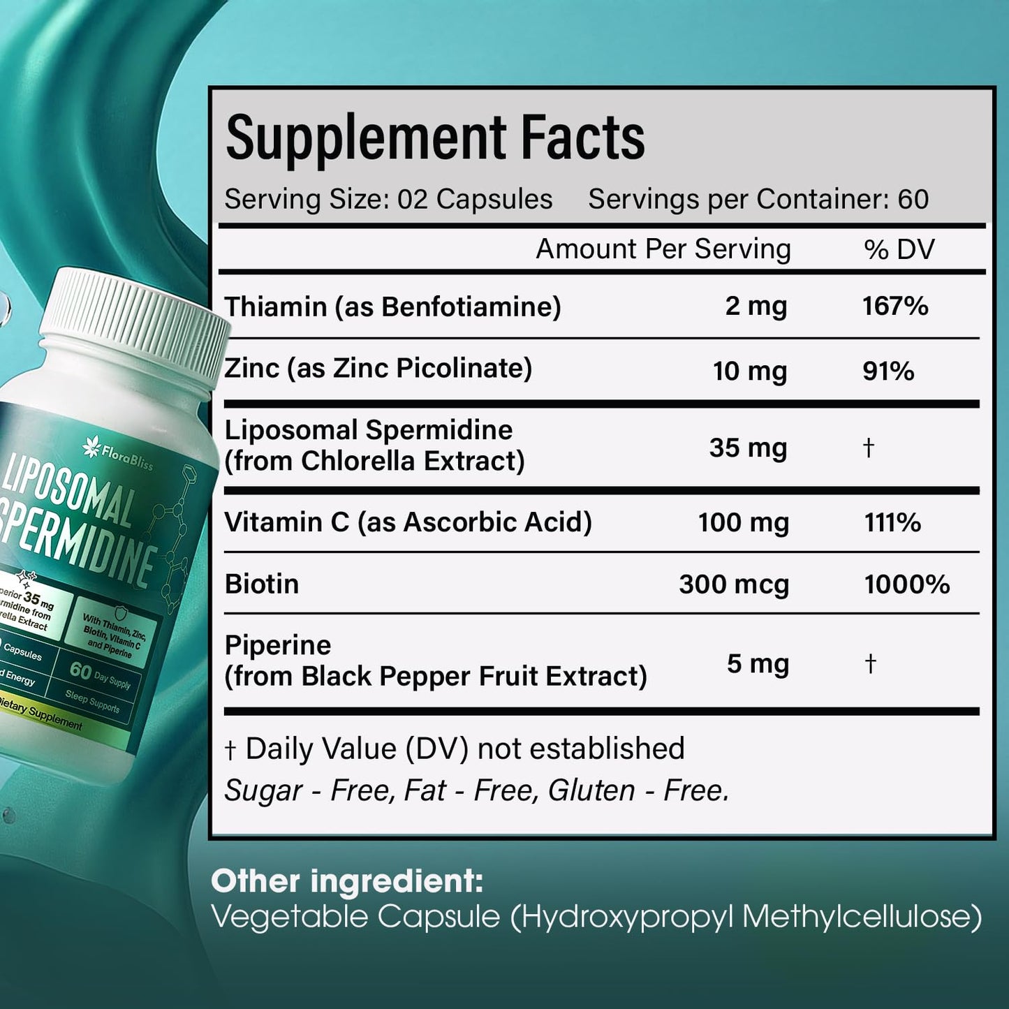 FloraBliss 35mg Spermidine Supplement from Chlorella with Thiamin, Zinc, Biotin, & Vitamin C, 120 Capsules