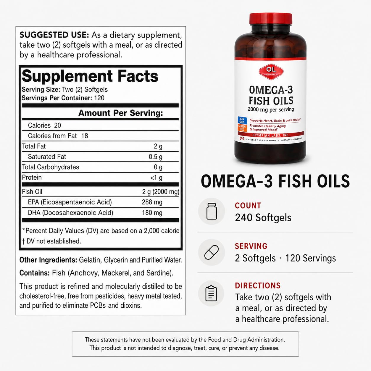 Olympian Labs Omega-3 Fish Oils Softgels, 240 Softgels