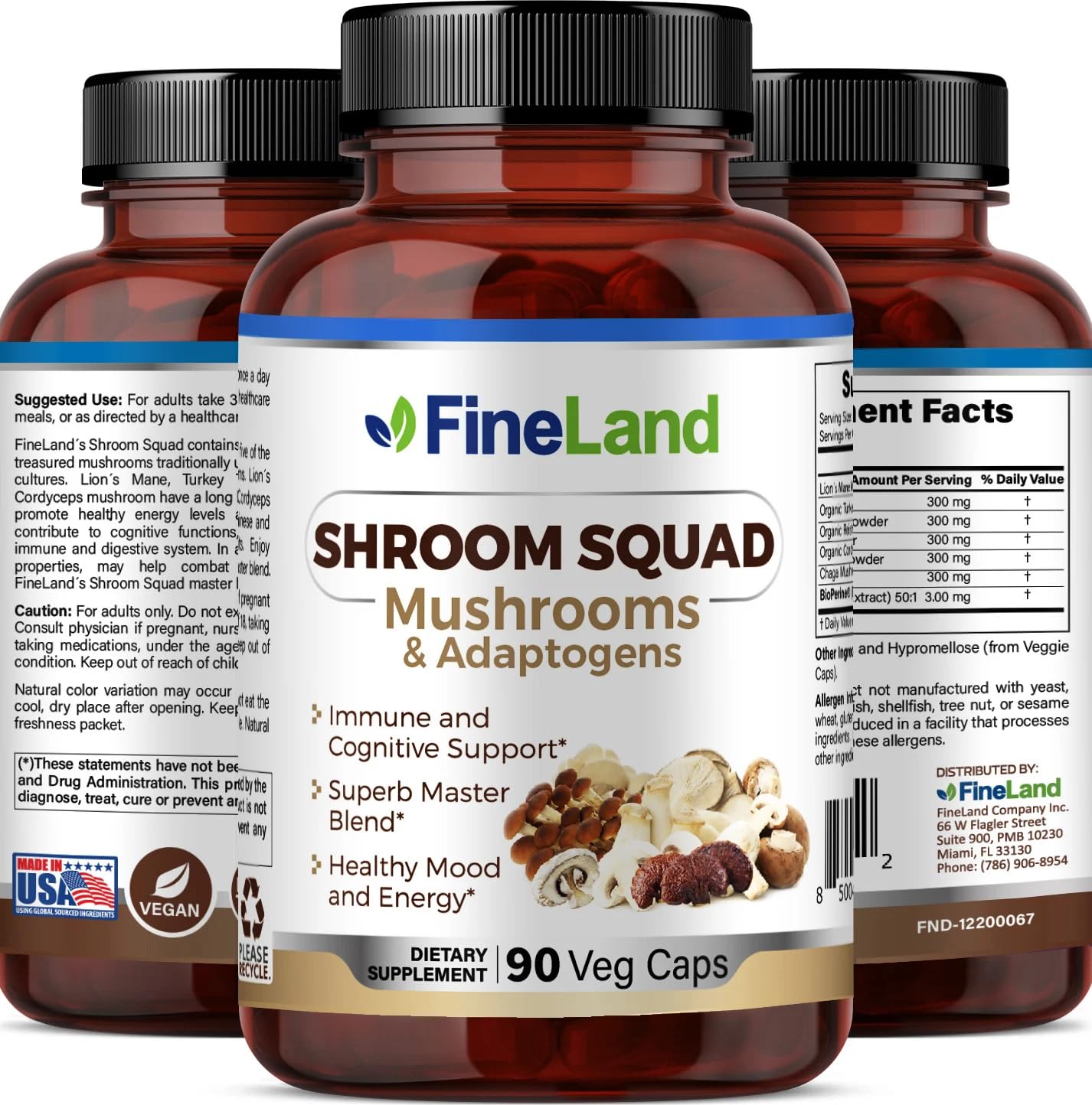 FineLand Shroom Squad 5-Mushroom Master Blend Capsules, 90 Count