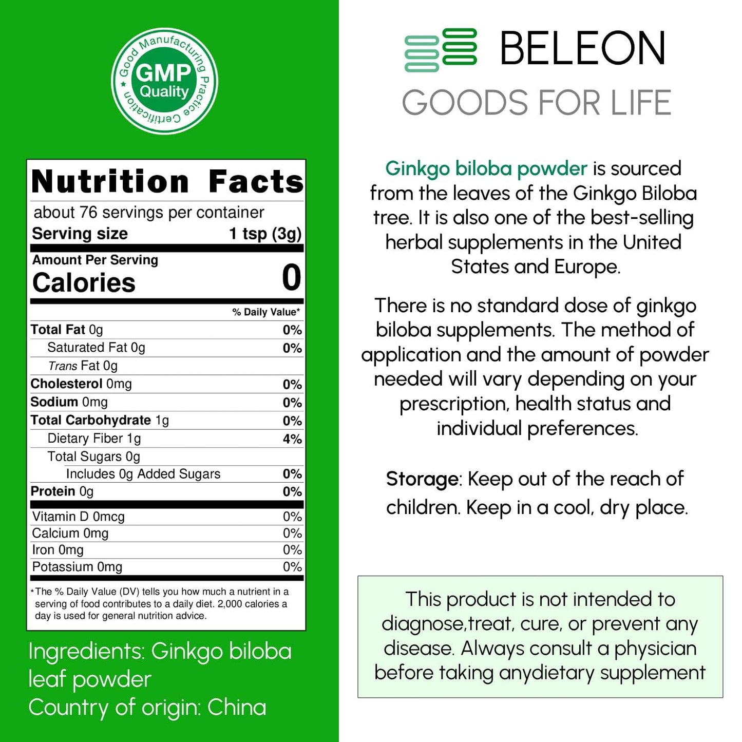 Beleon Goods For Life Ginkgo Biloba Powder 8 oz