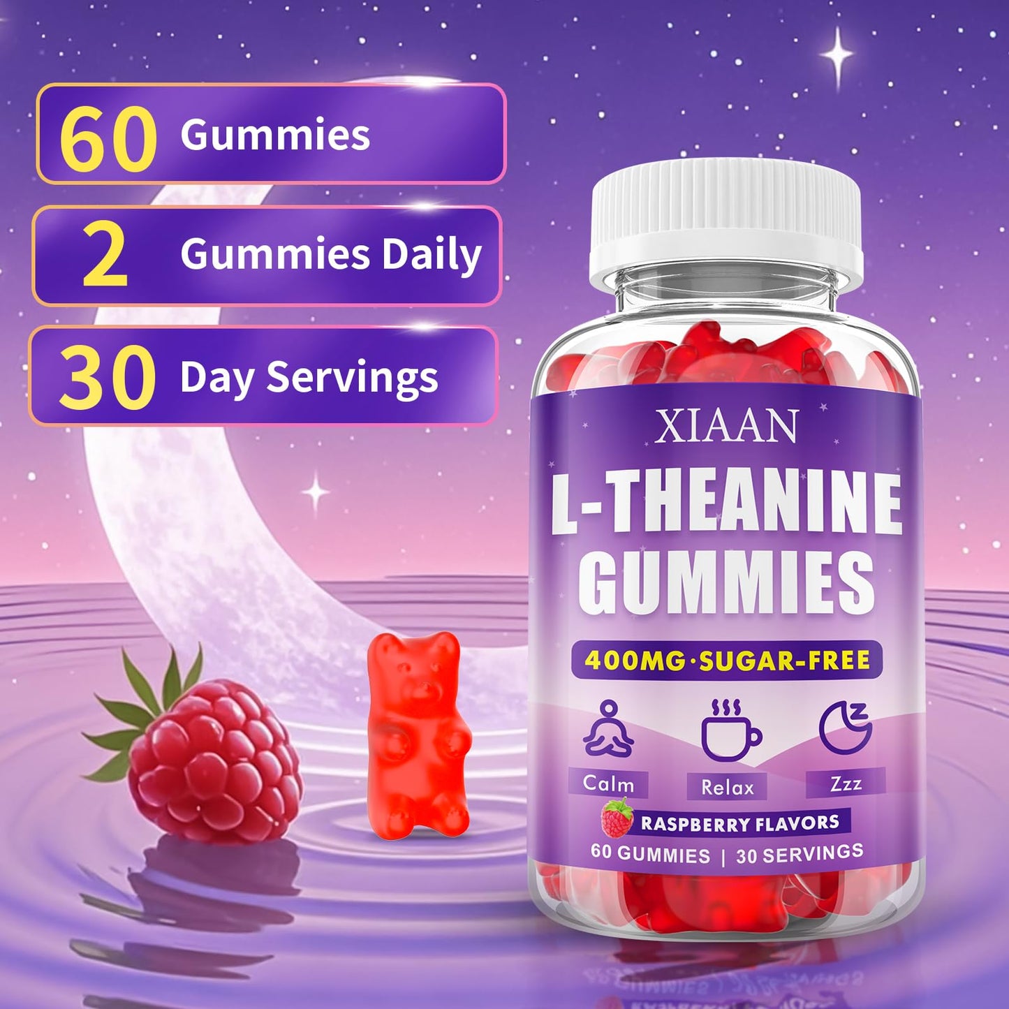 XIAAN L-Theanine Gummies 400mg for Calm, Zzz & Relaxation Support, 60 Count