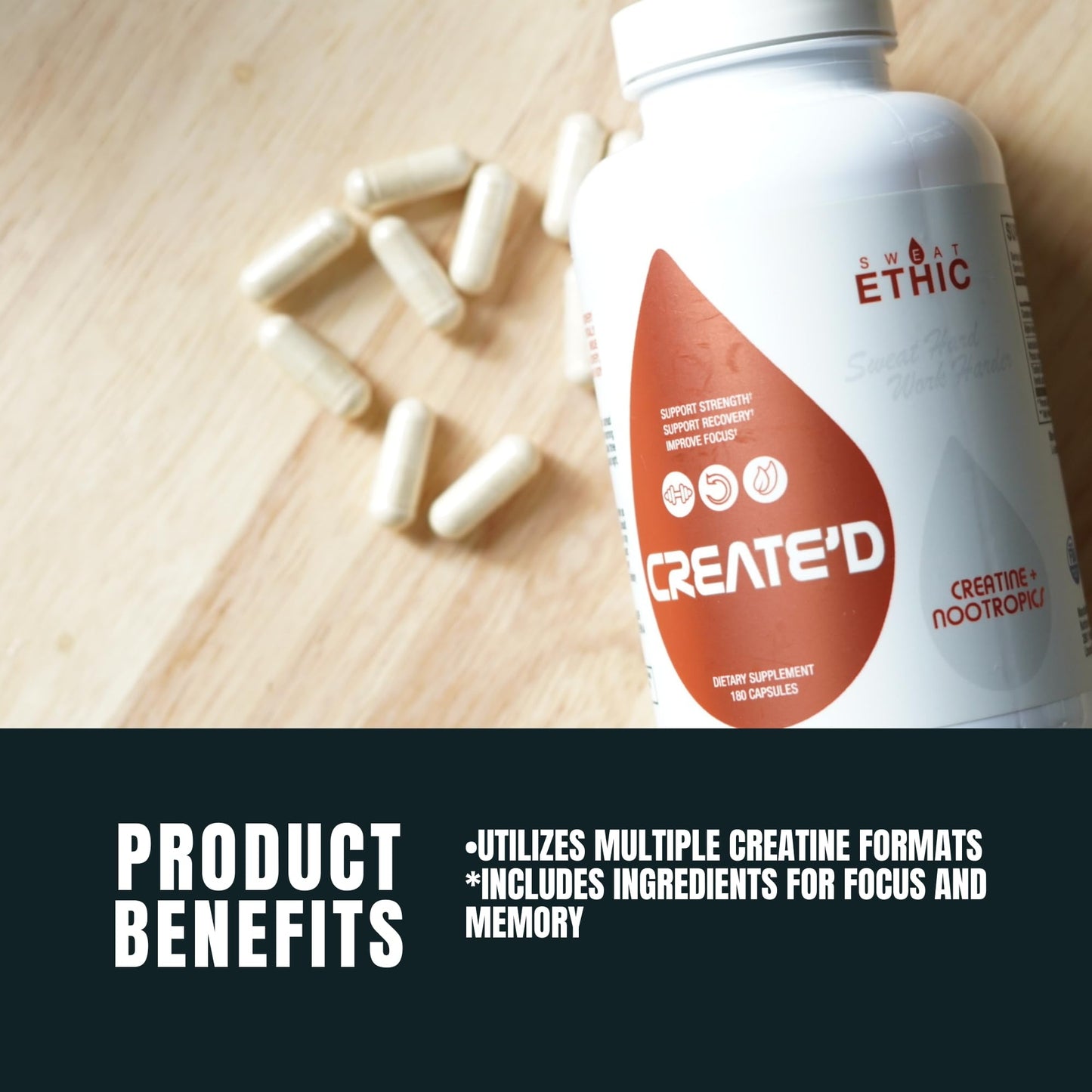 Sweat Ethic Create’d Creatine and Adaptogens Powder, 8 Ounce