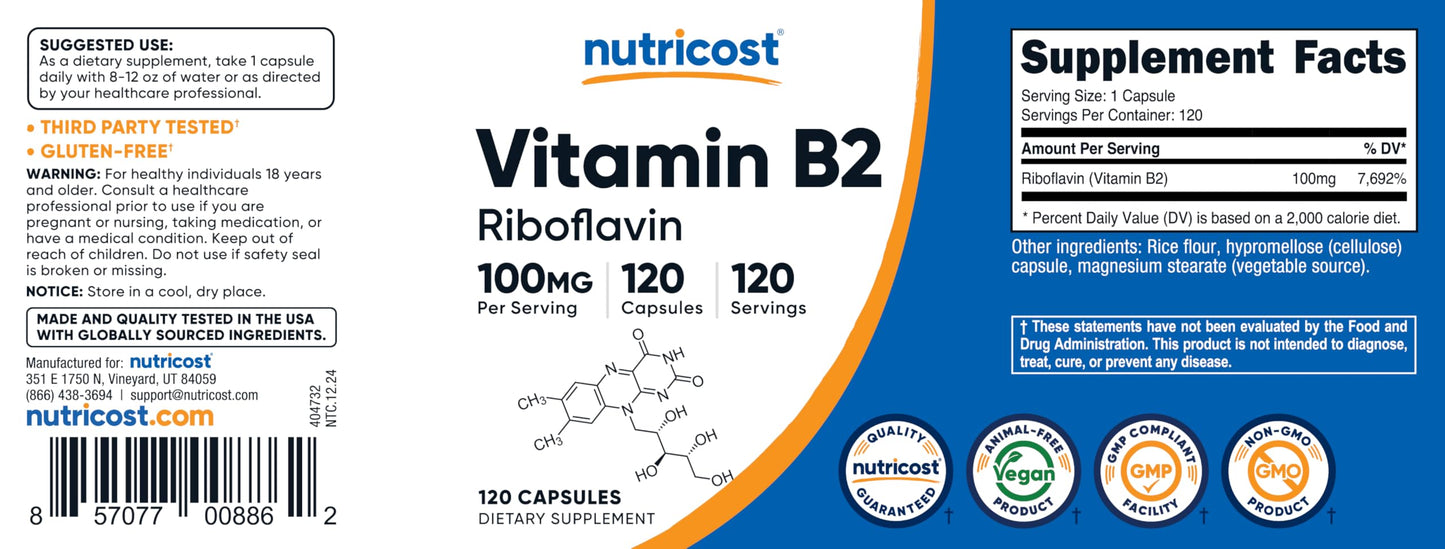 Nutricost Vitamin B2 (Riboflavin) 100mg, 240 Capsules