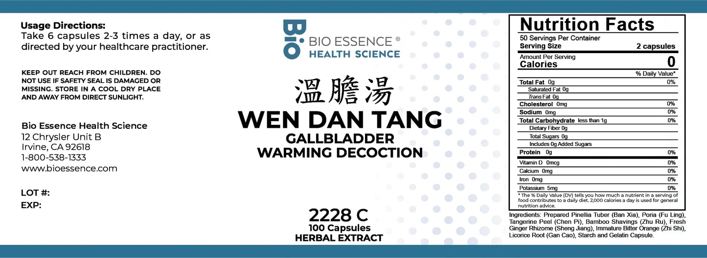 Bio Essence Health Science Wen Dan Tang/Gallbladder Warming Decoction Capsule 100 Capsules