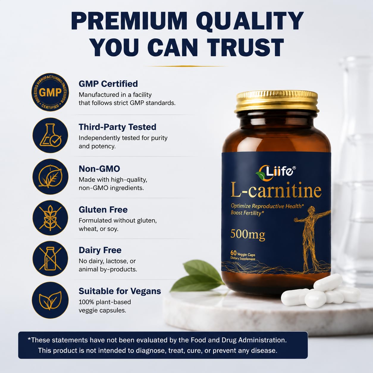 LIIFE L-Carnitine with Folic Acid (Vitamin B9) and Vitamin C, 500 mg Capsules, 60 Count
