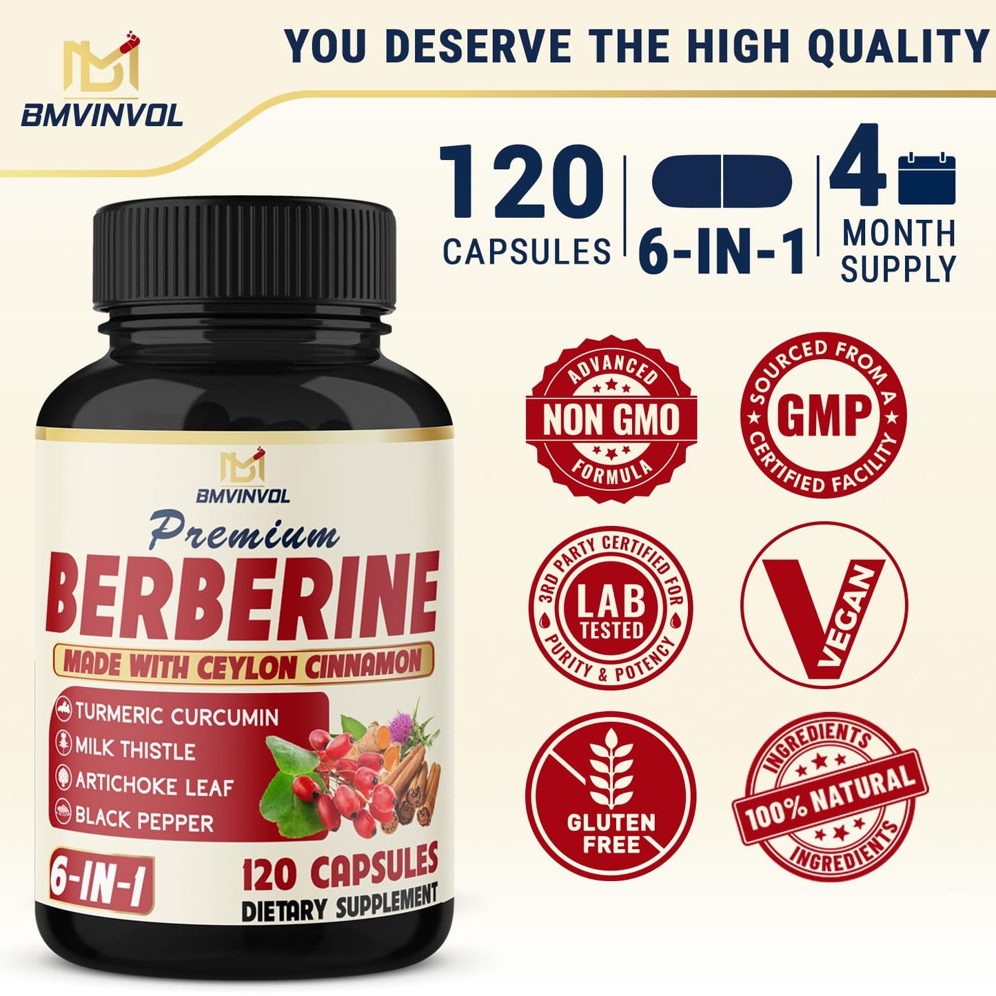 BMVINVOL 6in1 Berberine Supplement with Ceylon Cinnamon, Turmeric Root, Milk Thistle, Artichoke, Black Pepper Capsules, 120 Count