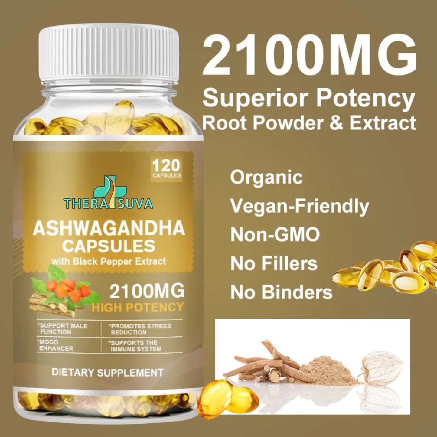 TheraSuva Superior Potency Ashwagandha 2100mg + Black Pepper Extract 8mg Softgels, 120 Count
