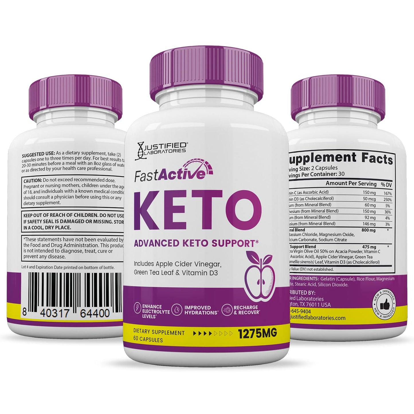 Justified Laboratories Fast Active Keto ACV Pills 1275MG Keto Support Blend Capsule, 60 Capsules