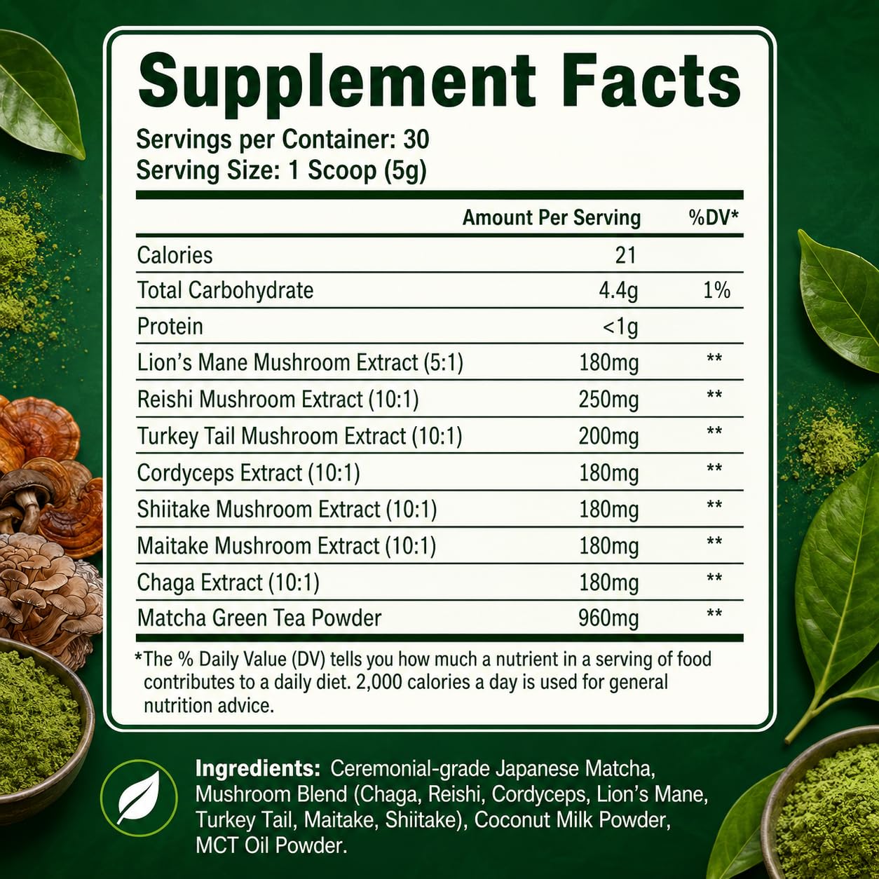 Suiyilary Mushroom Matcha Ceremonial Tea Powder with 7 Superfood Mushrooms, Gluten Free, 5.29 oz