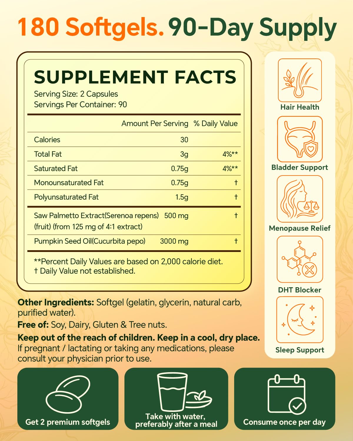 Everly Pumpkin Seed Oil with Saw Palmetto Softgels, 180 Count