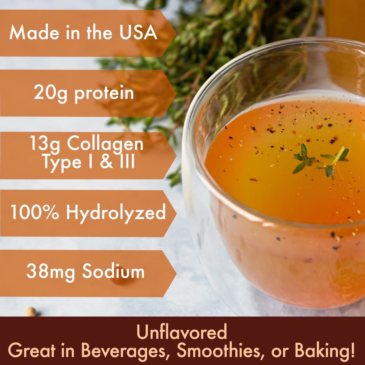 FOLONA Solo Bone Broth Protein Collagen Powder Low Sodium 16 g Hydrolyzed Collagen Type I & III