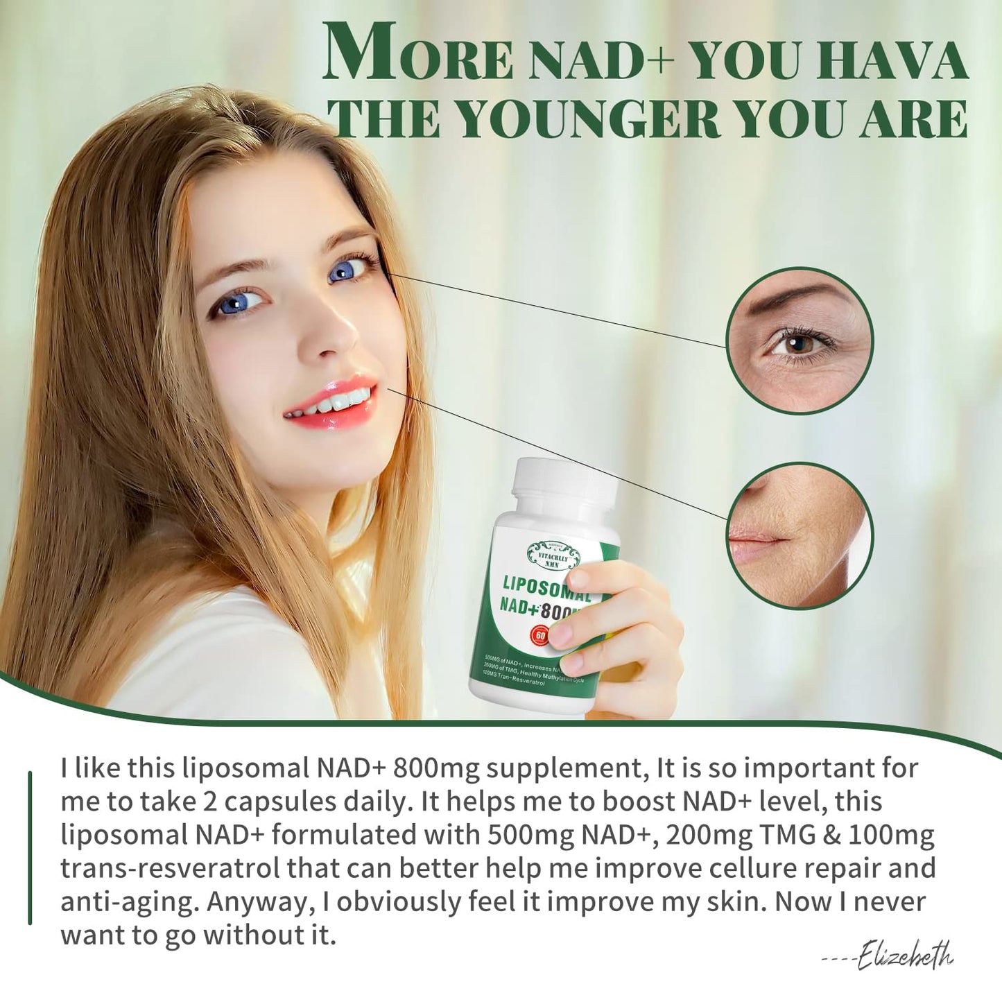 VITACRLLYNMN NAD+ Supplement Liposomal NAD+ Plus 800MG Nicotinamide Riboside Alternative for Cell Energy, Healthy Aging and Muscle Repair, 60 Capsules