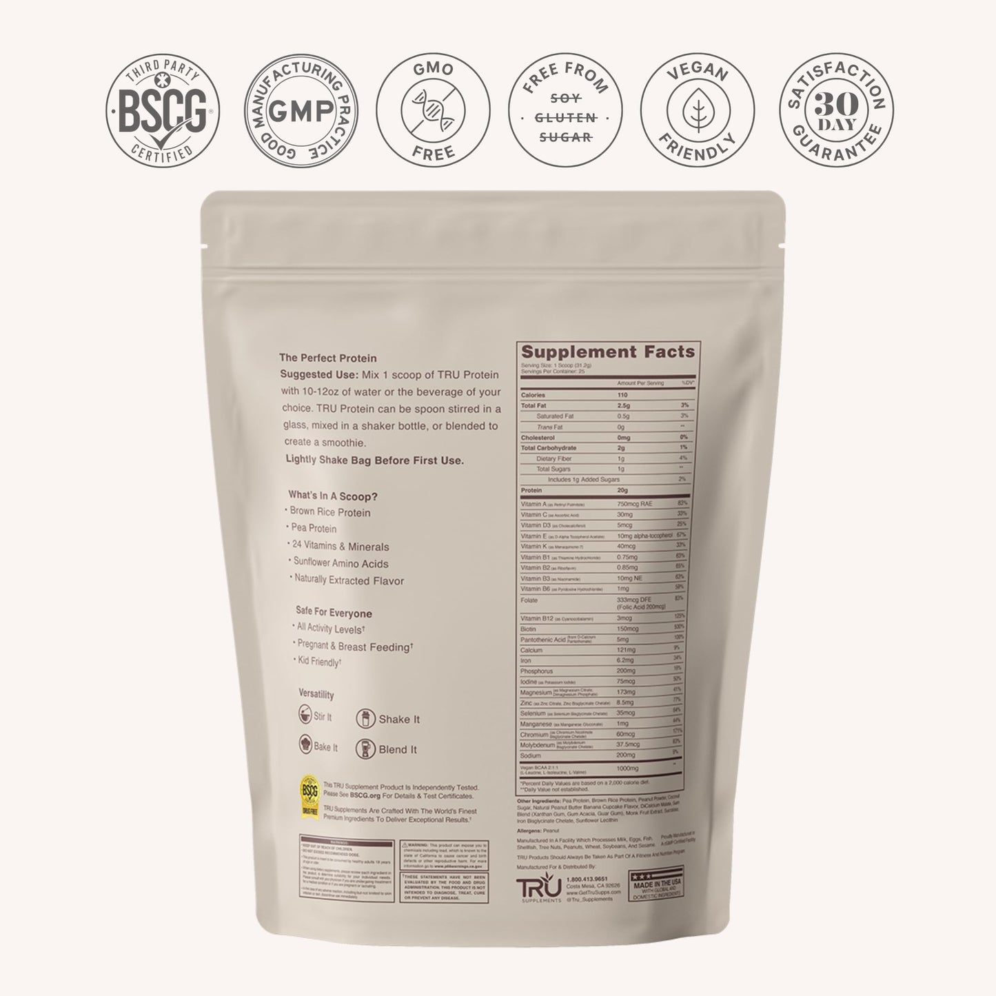 TRU Supplements Plant Based Protein Powder With BCAA & EAA, 20g Brown Rice & Pea Protein, 25 Servings