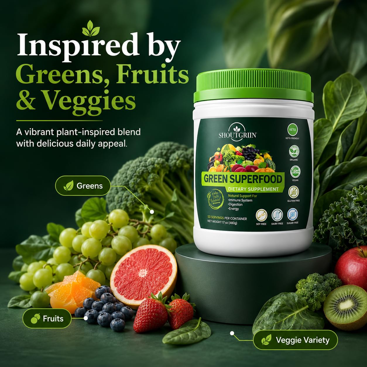 SHOUTGRIIN Green Superfood Powder 17 Ounce Pack of 1