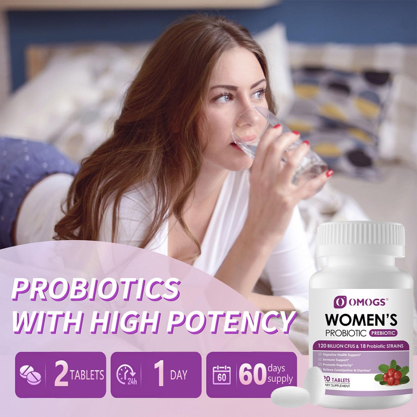 OMOGS Women's Probiotic with Cranberry Extract, Organic Prebiotics & Vitamin C, 120 Billion CFUs, 18 Strains, 90 Tablets