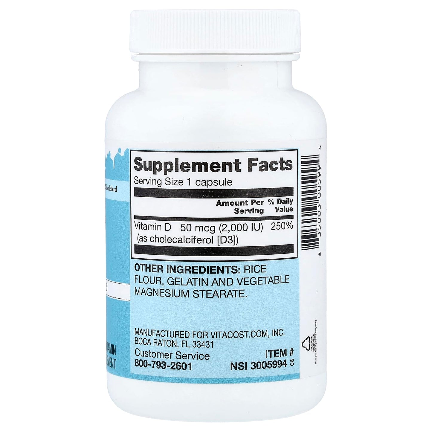 Vitacost Vitamin D3 2000 IU (as Cholecalciferol) Capsules, 300 Count