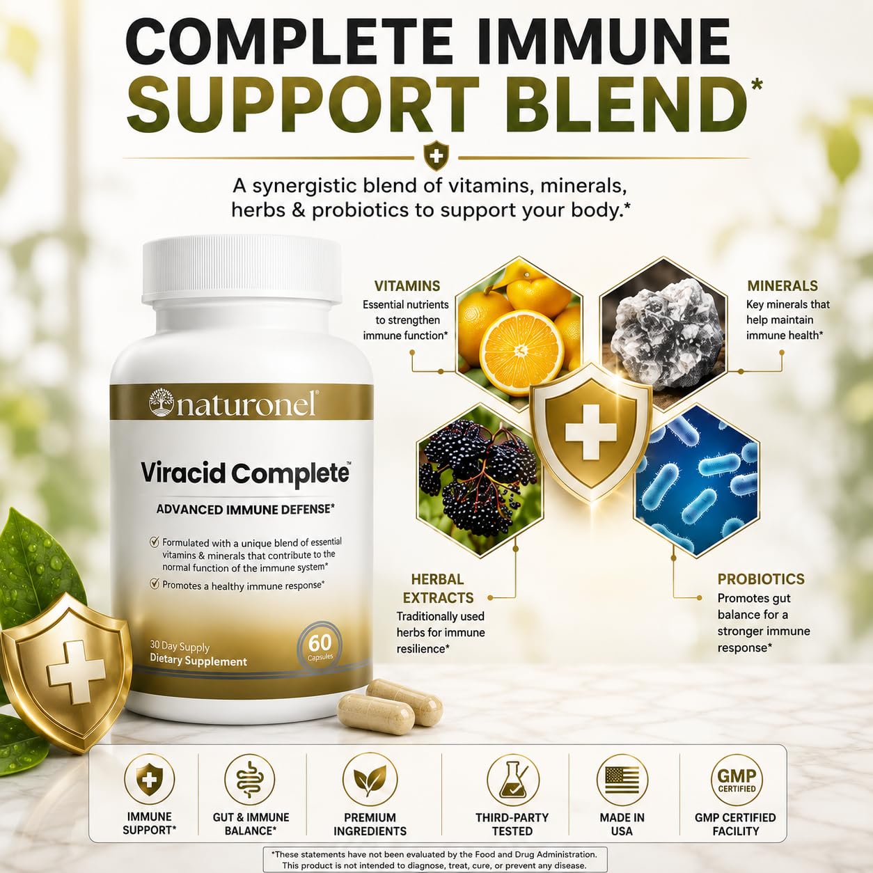 Naturonel Viracid Complete – Comprehensive Immune Formula with Elderberry, Echinacea, Garlic, Zinc, L-Glutamine & Turmeric 95% Curcuminoids Capsules, 60 Count