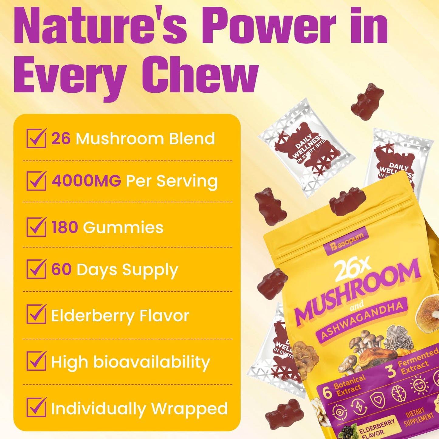 Basopum Mushroom Gummies 4000mg, 180 Count