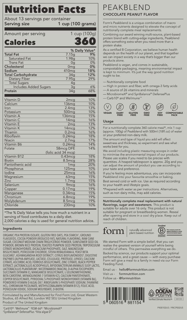 Form Peakblend Vegan Meal Replacement Shake Powder 45.86 oz Chocolate Peanut