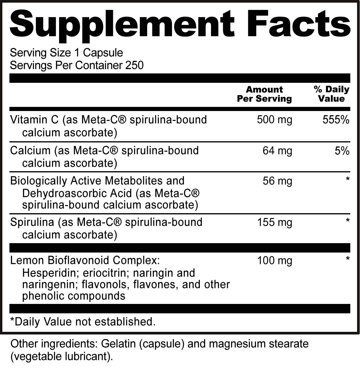 NutriBiotic Meta-C Capsules 500 mg Spirulina-Bound Vitamin C, 250 Count