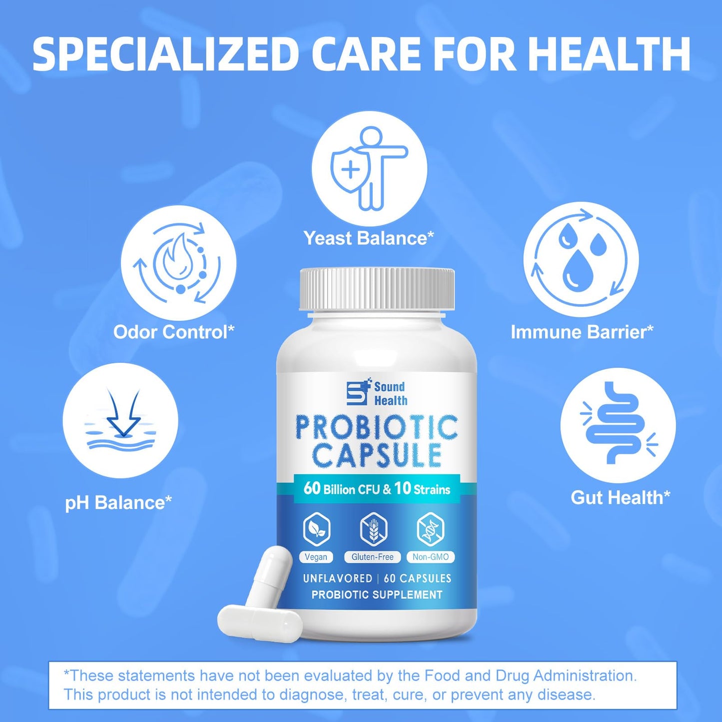 Sound Health Bloom 60 Billion CFU Probiotic Capsules with Prebiotics, 10 Strains Digestive Gut Support Probiotics Supplement for Adults, Vegan, Non-GMO, Gluten Free, 60 Capsules