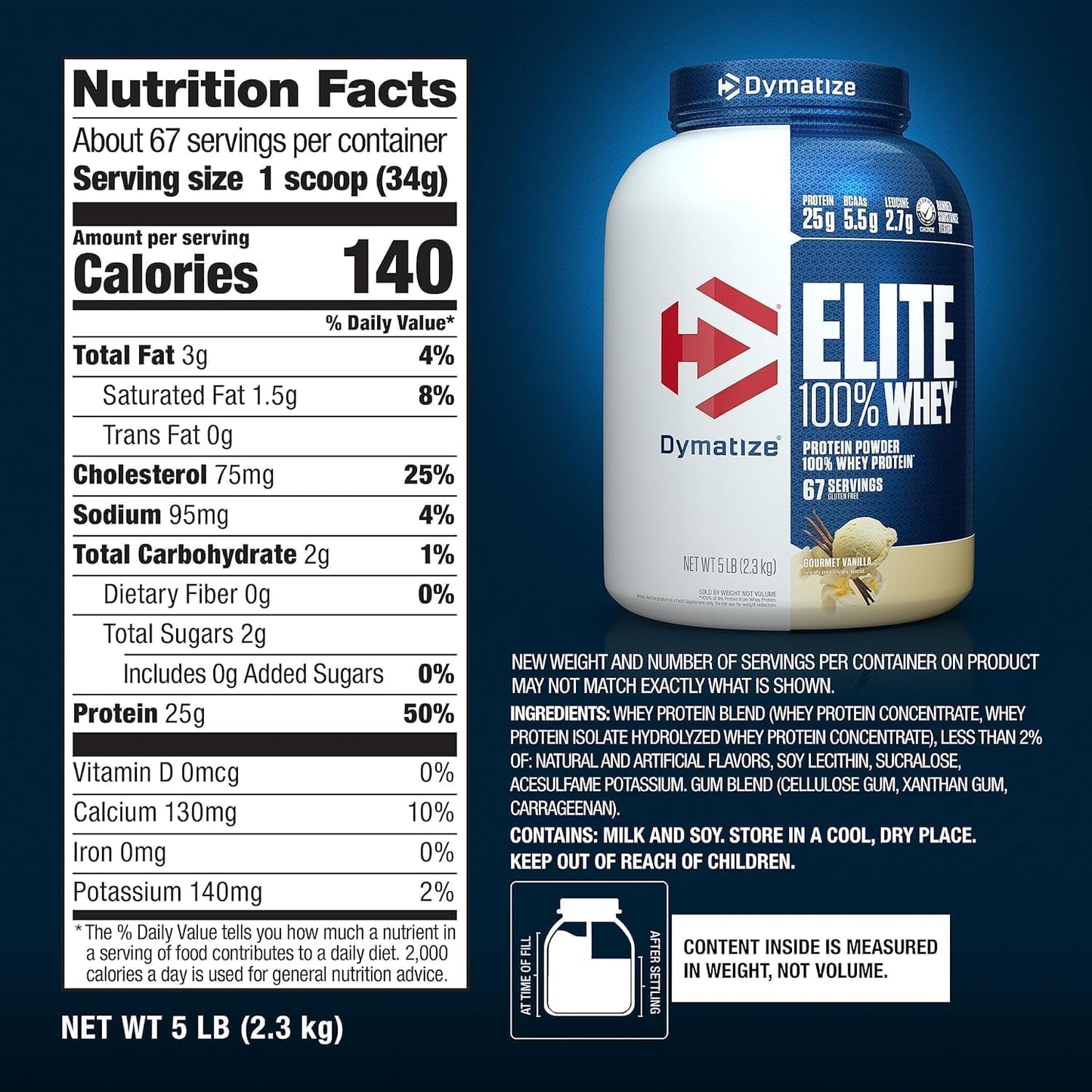 Dymatize Elite 100% Whey Protein Powder Gourmet Vanilla, 80 Servings