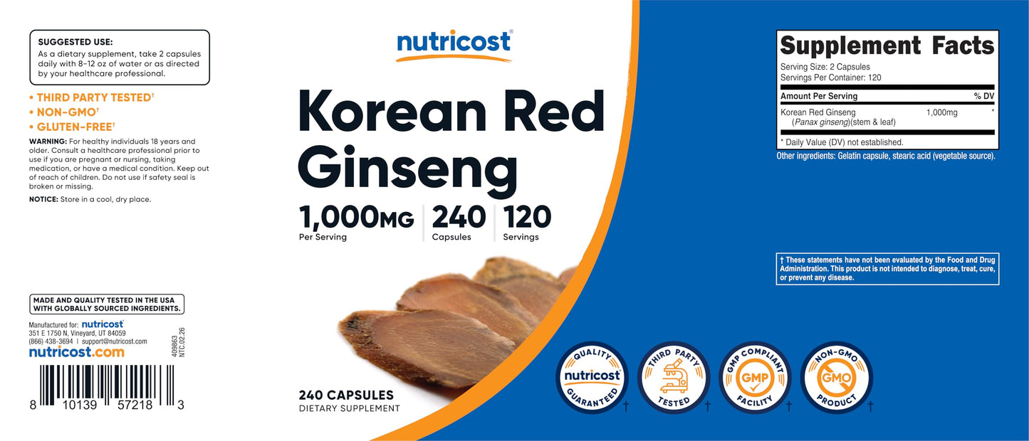 Nutricost Korean Panax Red Ginseng 1000mg Capsules, 240 Count