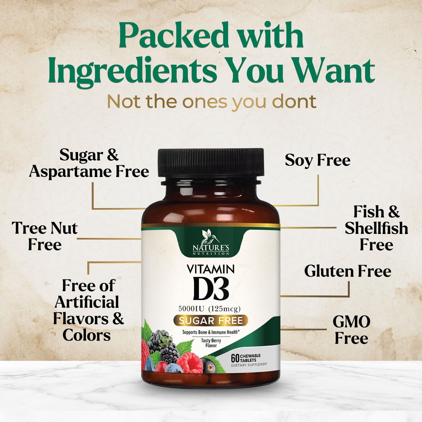 Nature's Nutrition Vitamin D3 5000 IU (125 mcg) Chewable, 60 Count Tablets