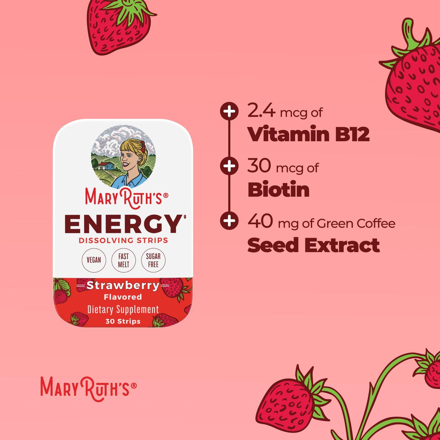 MaryRuth's Chewable Energy Dissolving Strips, B Vitamin Complex, 30 Count
