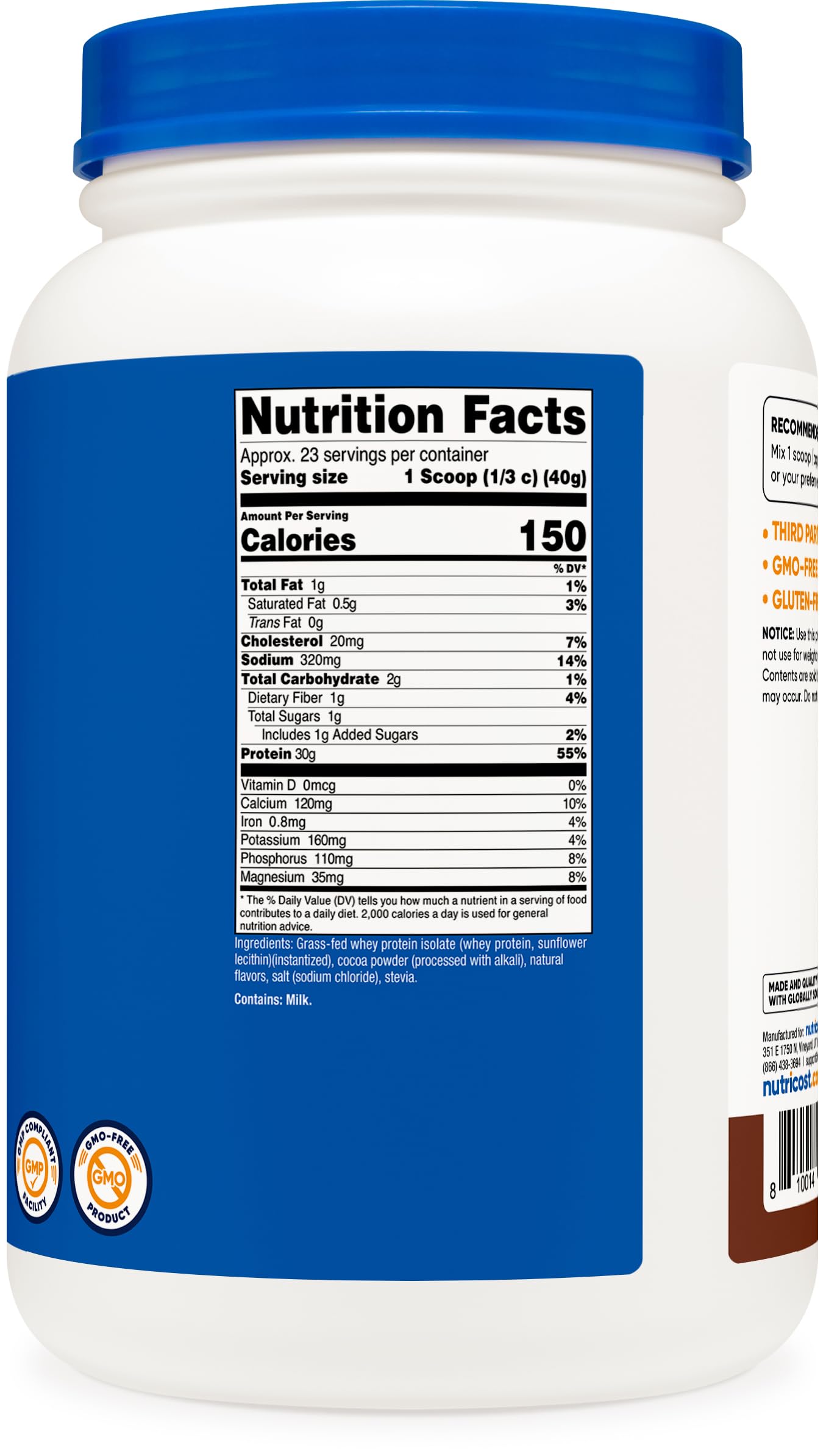 Nutricost Grass-Fed Whey Protein Isolate Powder, Chocolate, 32.4 oz