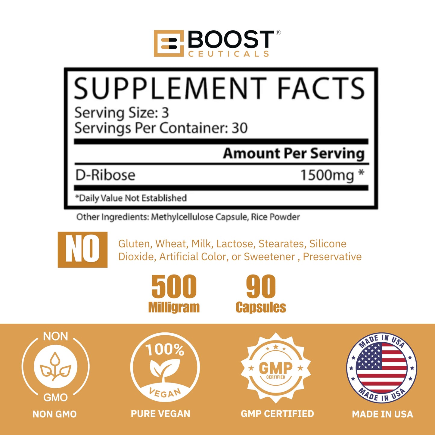 BoostCeuticals D-Ribose 1500mg Vegan Capsule, 90 Capsules