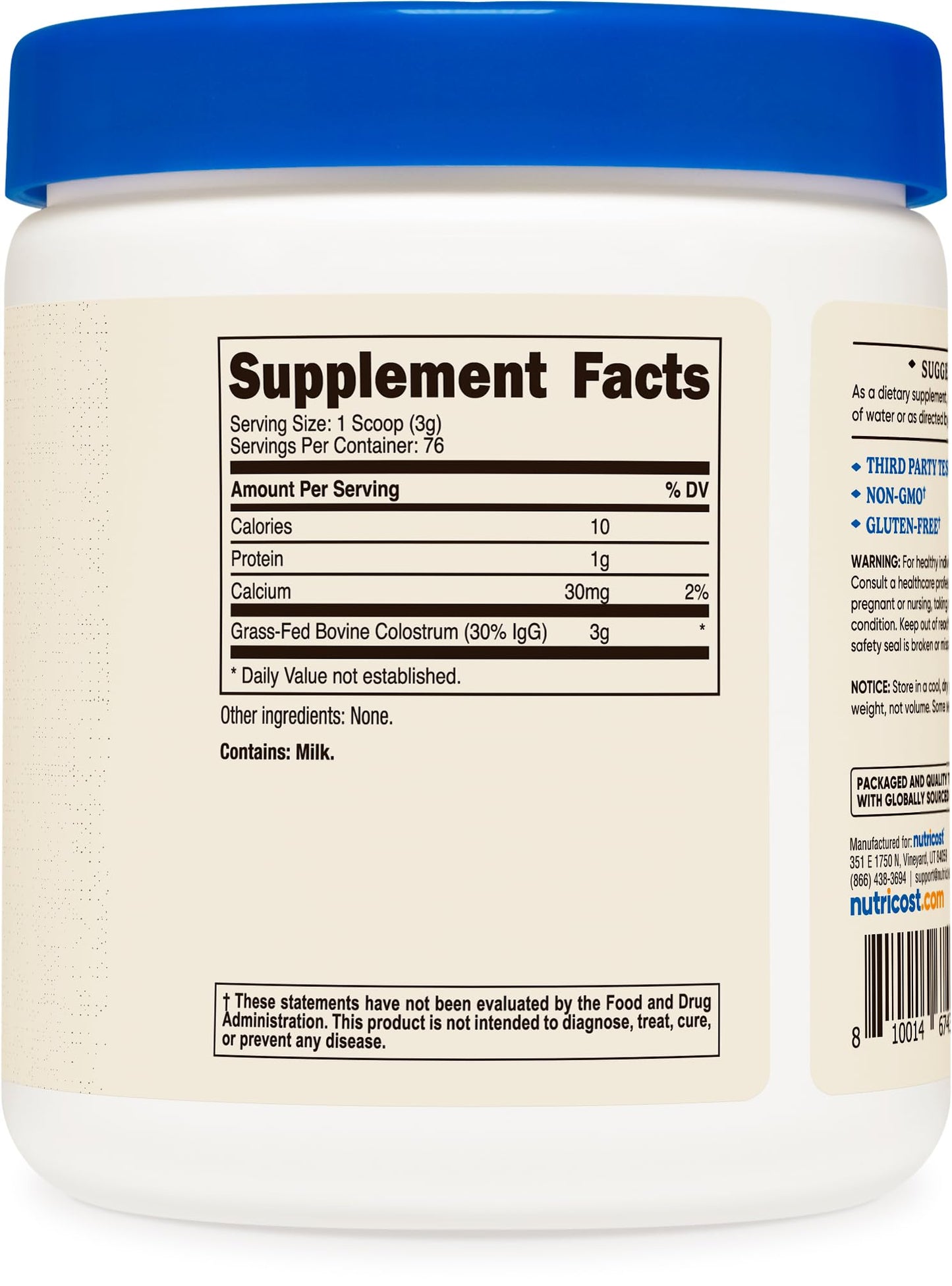 Nutricost Colostrum Powder 8.1 oz, 3 g Per Serving, 76 Servings