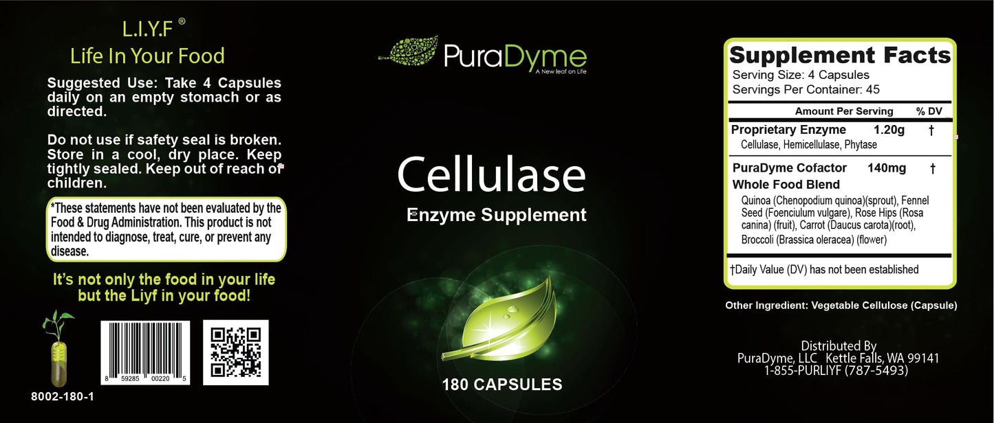 PuraDyme Cellulase Enzyme Supplement Capsule 180 Capsules
