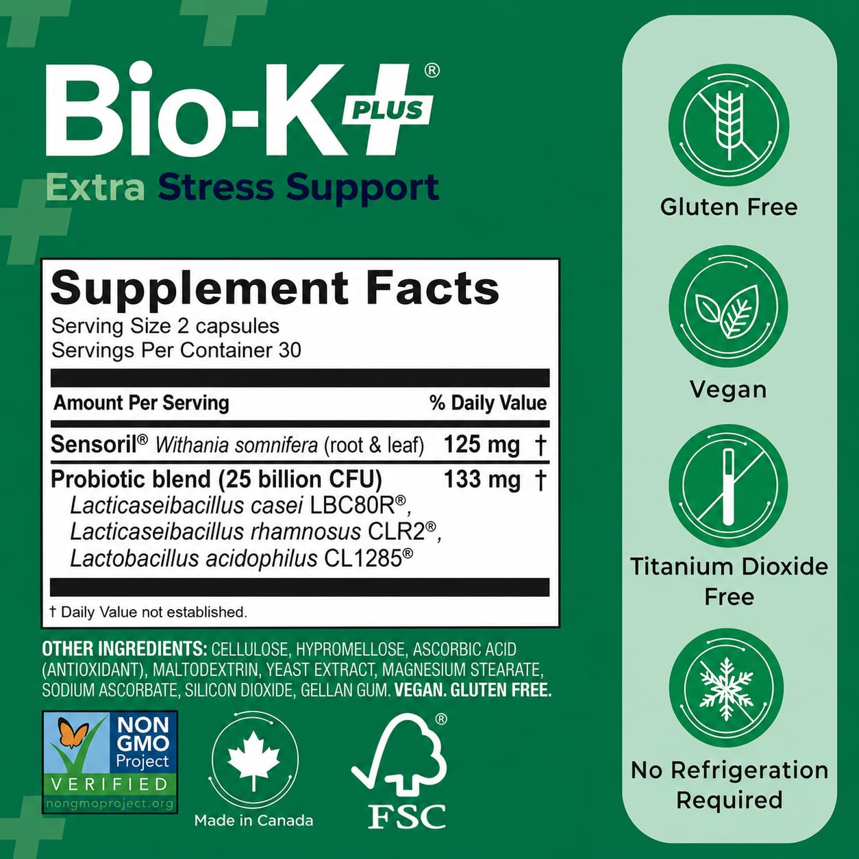 Bio-K Plus Stress Support Probiotic Sensoril®, 25B CFU, Vegan, 60 Capsules