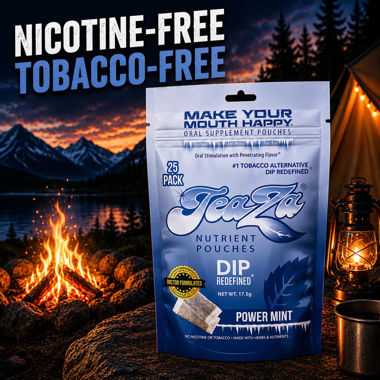TeaZa Energy Tobacco-Free Pouches Nicotine-Free Dip Smokeless Snuff Power Mint Chewables, 100 Count