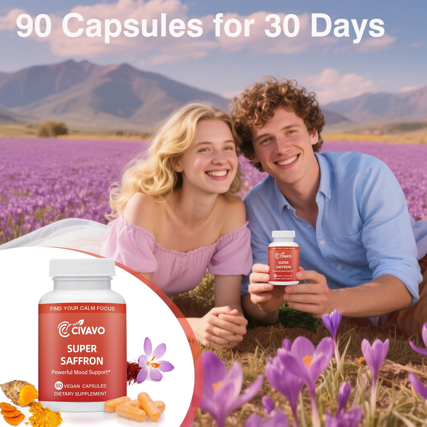 Civavo Saffron Supplements with Curcumin & Zinc Capsules, 90 Count