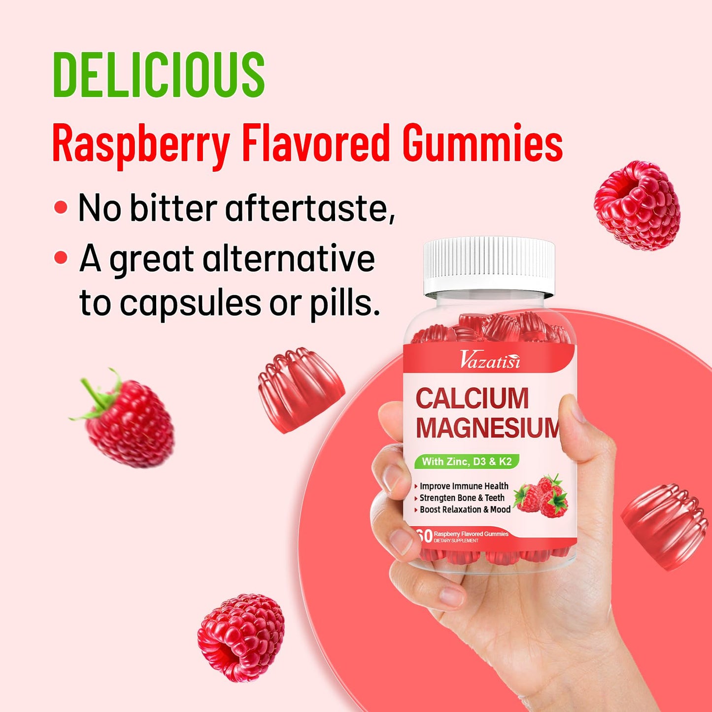 Vazatisi Calcium Magnesium Zinc Gummies with Vitamin D3 & K2, 60 Count