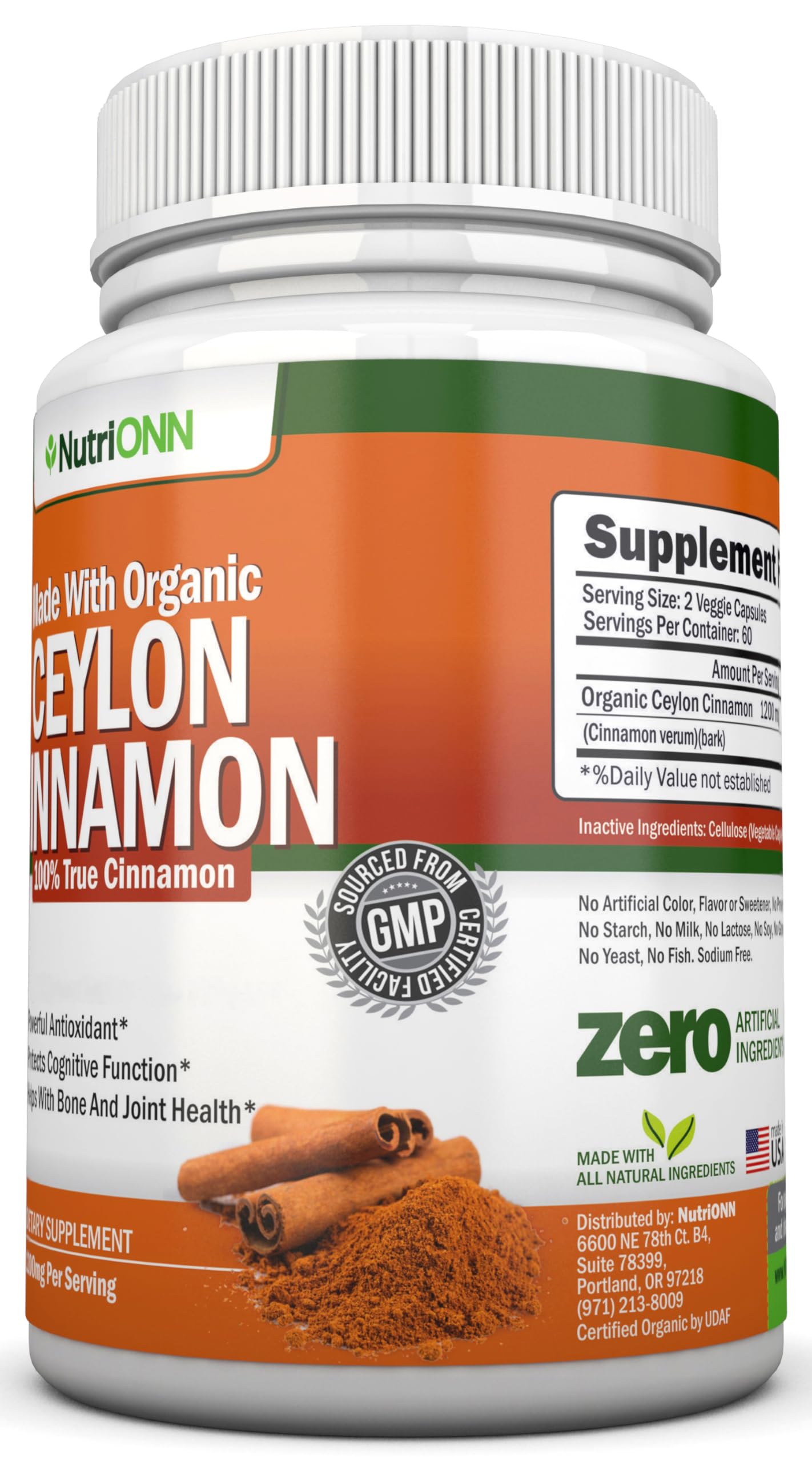 NutriONN Organic Ceylon Cinnamon 1200 mg Capsules, 120 Count