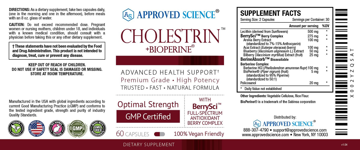 Approved Science Cholestrin Lipid Level Support - Antioxidants, Lecithin, Berberine HCL, Berries, BioPerine Capsule, 60 Capsules