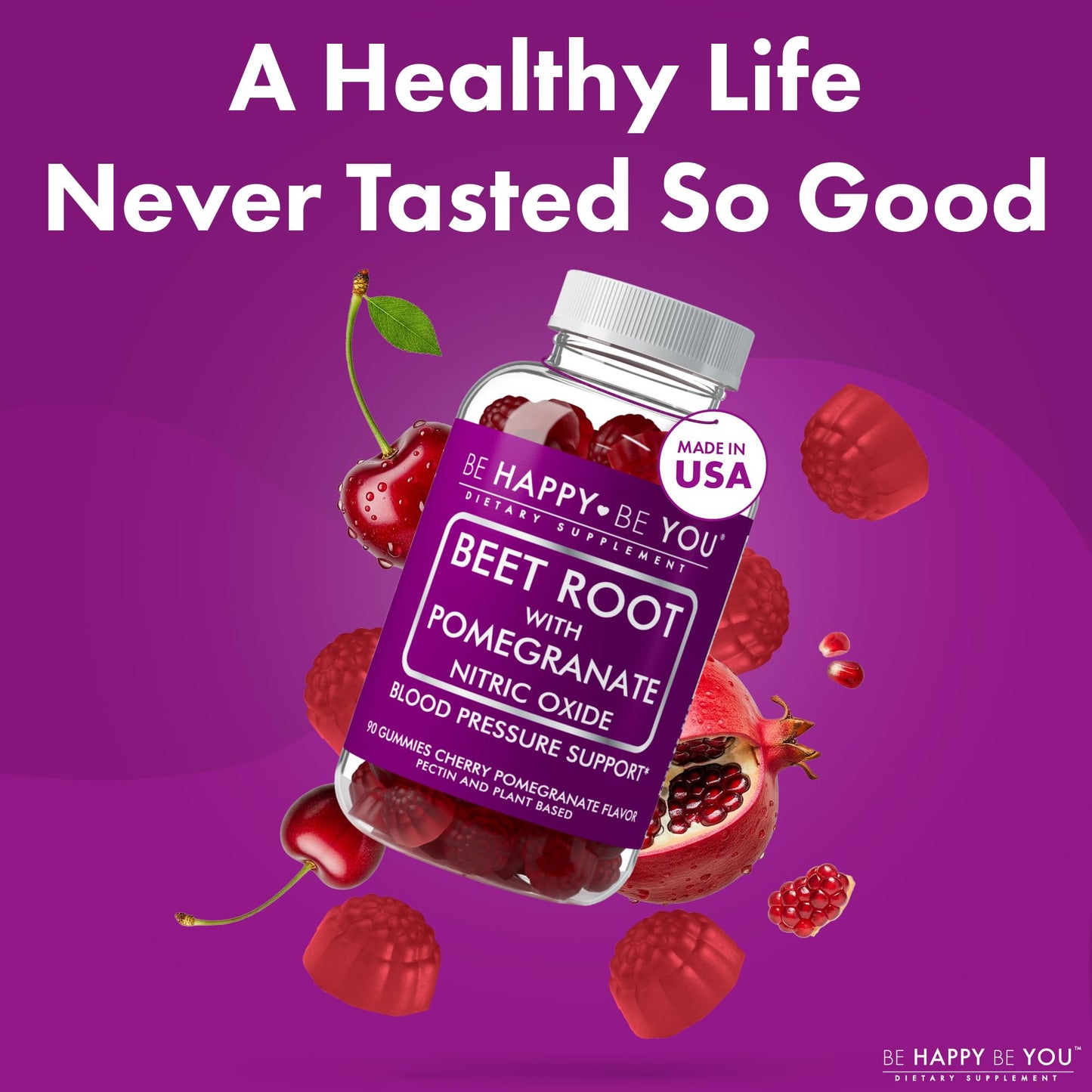 Be Happy Be You Beetroot with Pomegranate Gummies – Nitric Oxide Booster & Blood Pressure Support – Cherry Pomegranate Flavor – Vegan, Gelatin-Free, Pectin-Based – 90 Gummies
