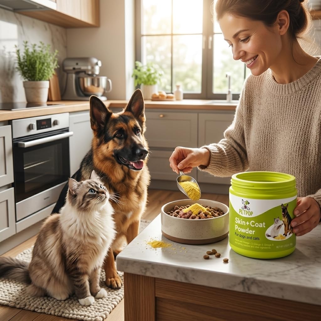 PetPop Omega 3 Skin & Coat Support Powder for Dogs, Salmon Oil, Biotin & Vitamin E, Daily Skin & Coat Supplement, Supports Healthy Skin and Shiny Coat, Easy Mix Powder, 1 Count