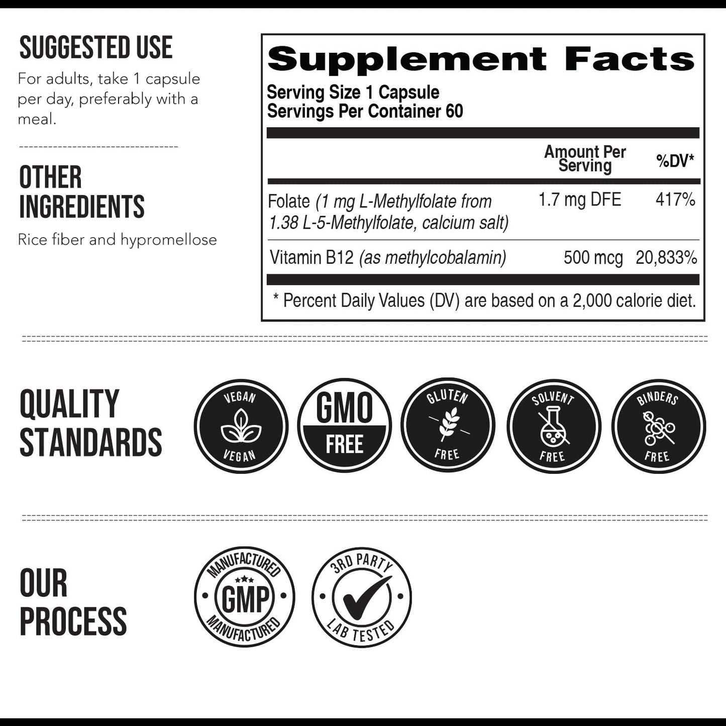 Triquetra Health L-Methyl Folate 1000 mcg Plus Methyl B12 Cofactor – Active 5-MTHF Form Capsules, 60 Count