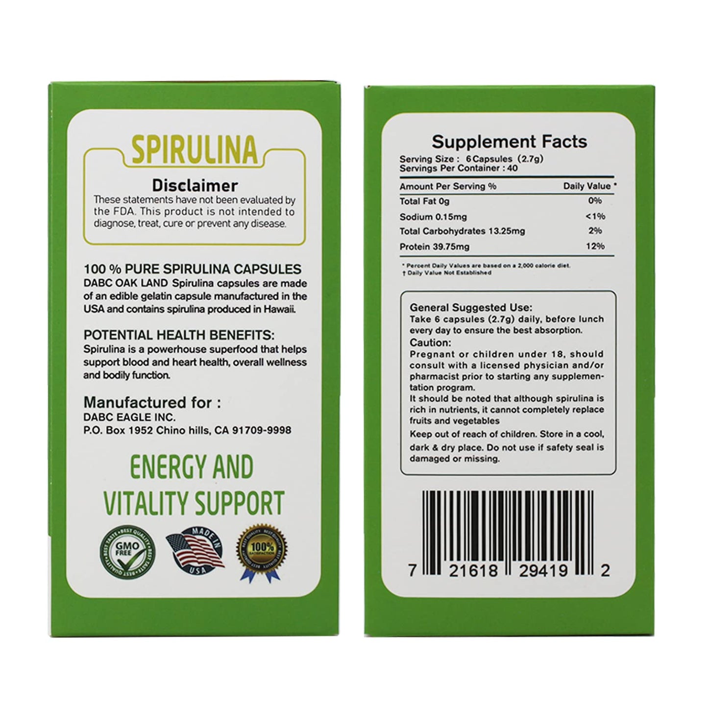 DABC OAK LAND Spirulina Tablets 450 mg, 1 Count