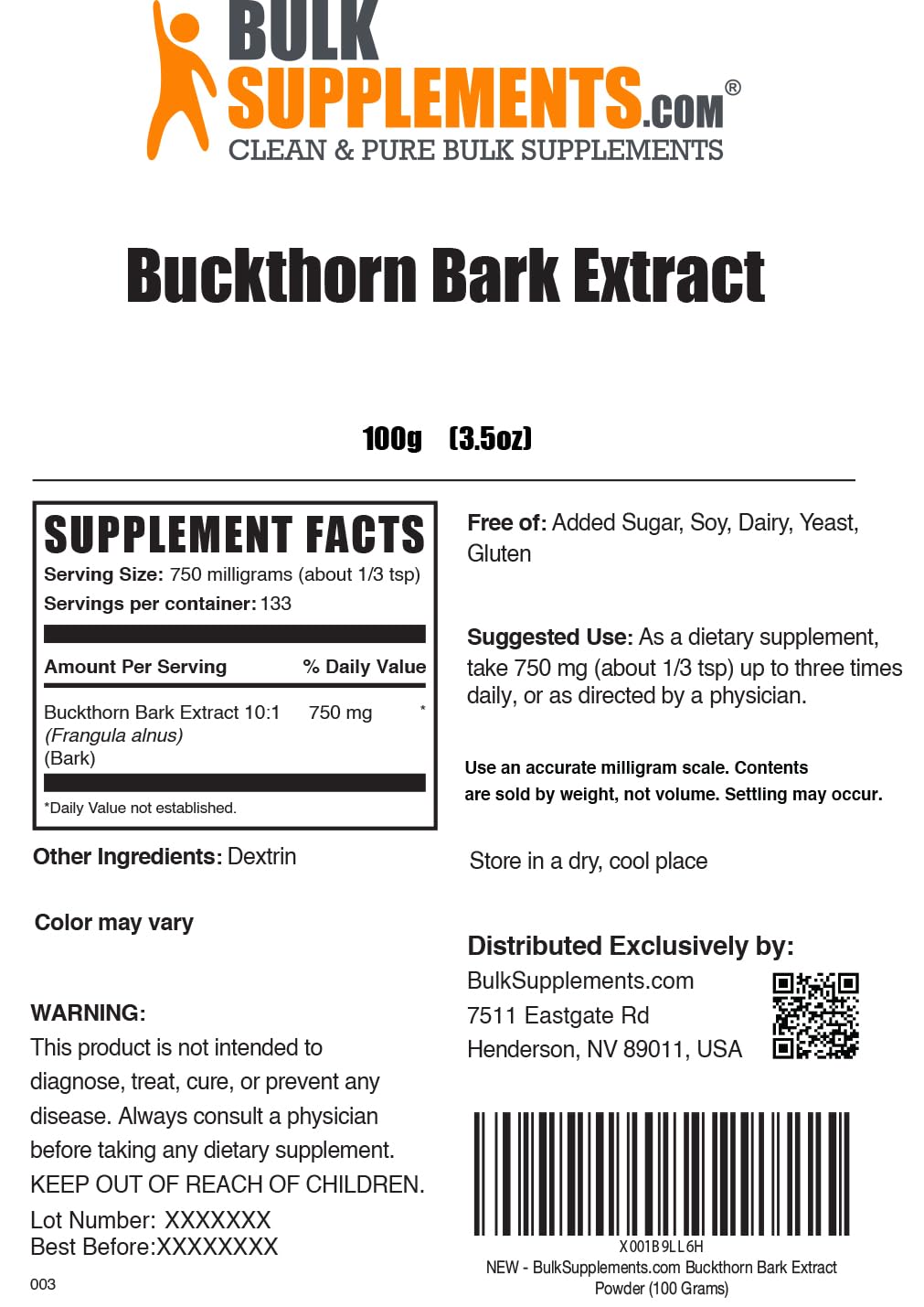 BulkSupplements Buckthorn Bark Extract Powder Powder 3.53 oz