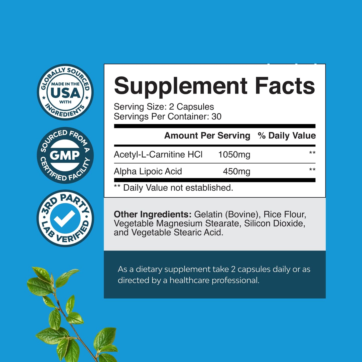 Natures Craft Pure Alpha Lipoic Acid Supplement with Acetyl L-Carnitine Capsules, 60 Count